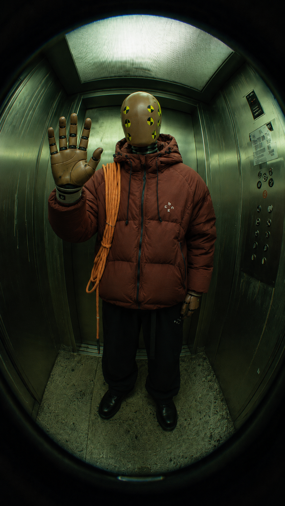 Boneless technical jacket campaign portrait in an elevator