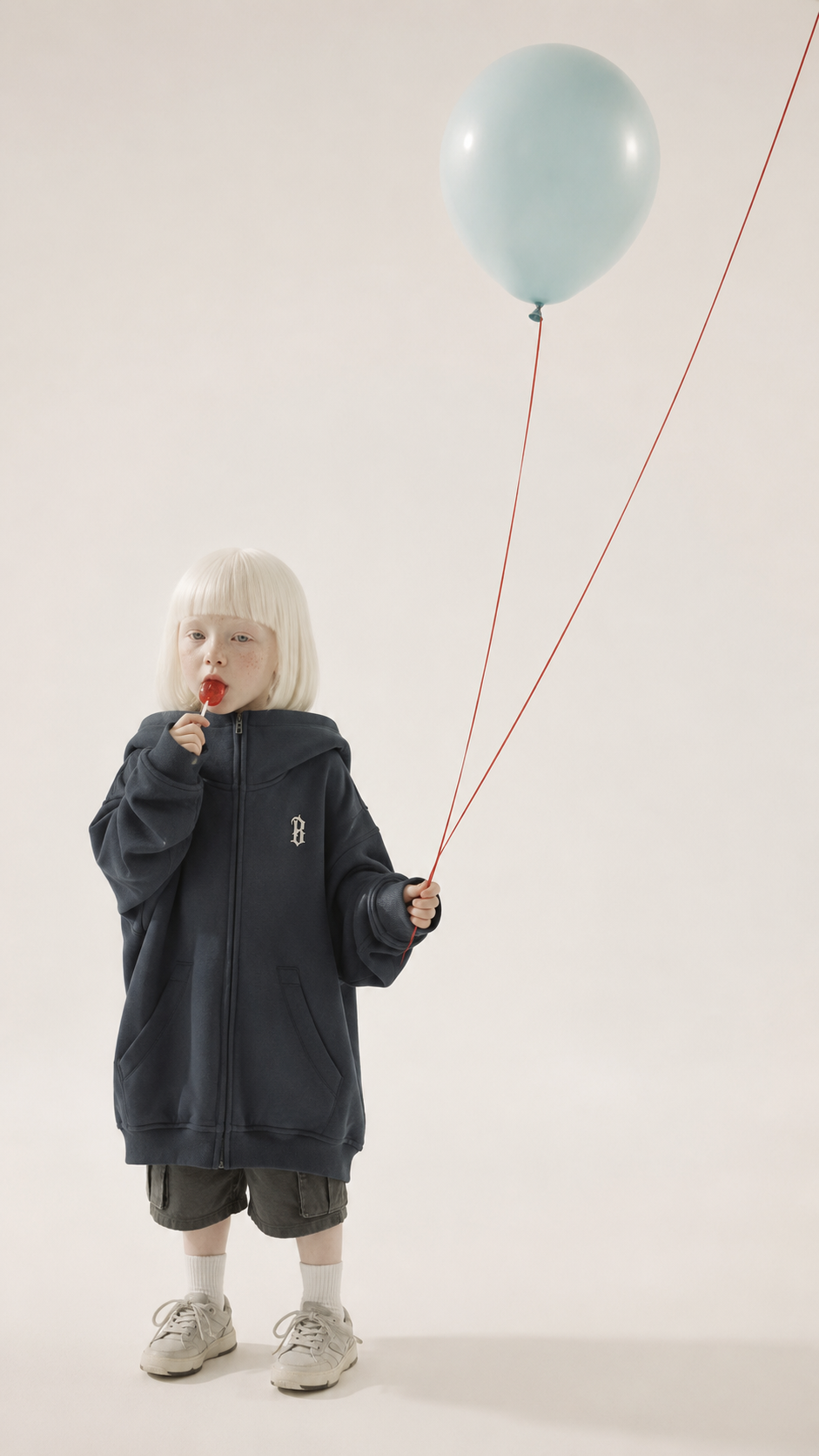 Child wearing a Boneless hoodie with a pale blue balloon