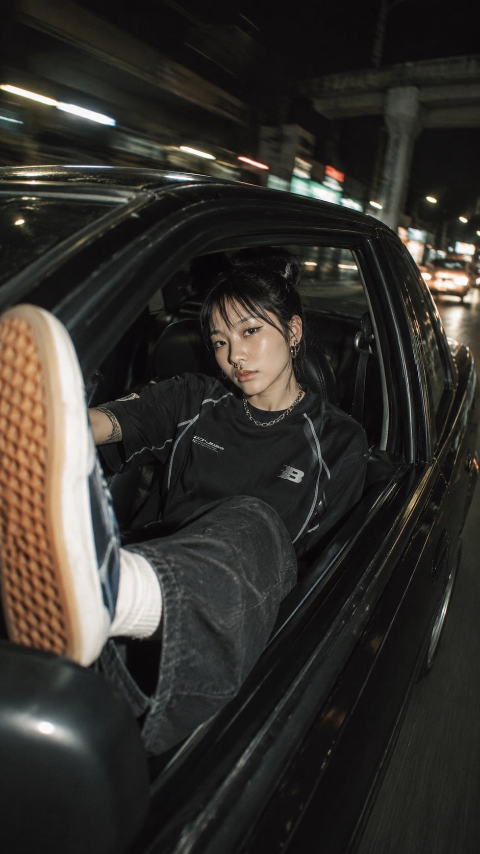 Boneless fashion campaign portrait in a night car scene