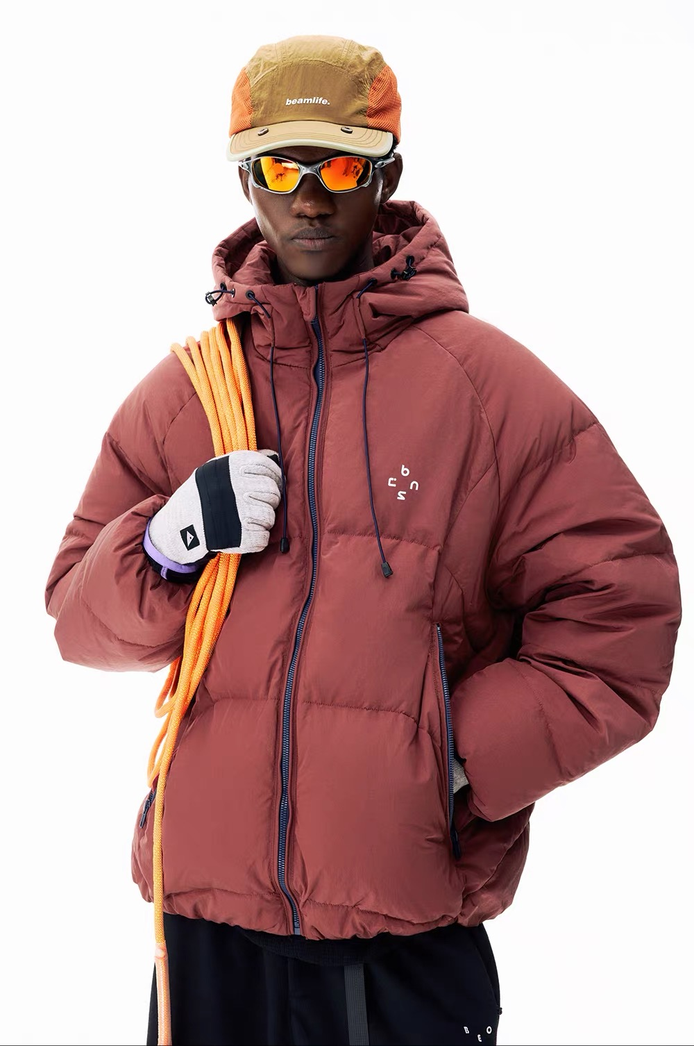 Boneless rust-red technical jacket product styling