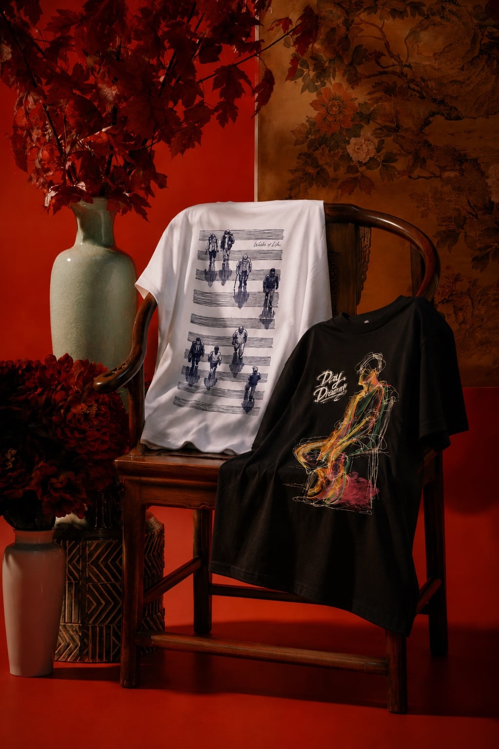 Fashion AIGC showcase with two graphic T-shirts in a red studio setting