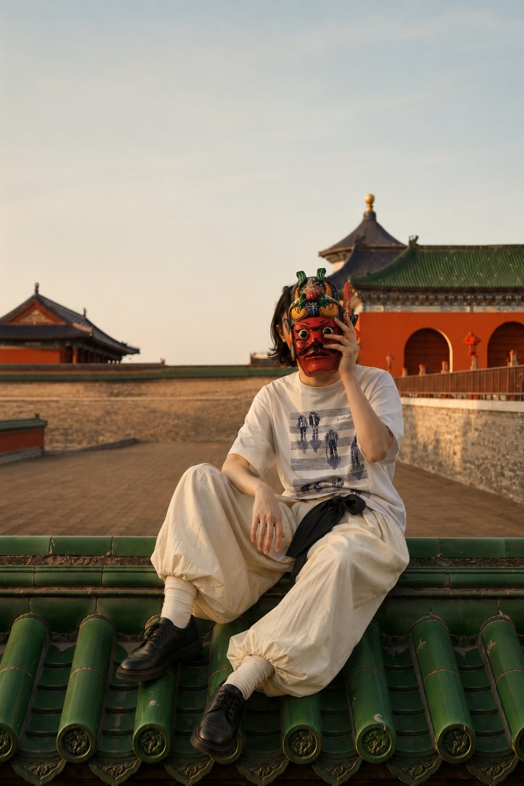 Model wearing a white graphic T-shirt on a palace rooftop