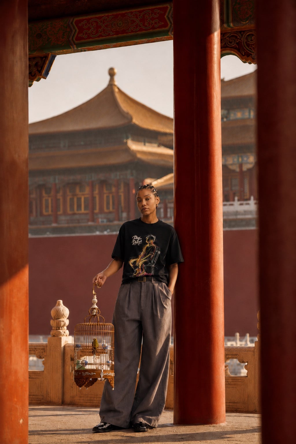 Model wearing a black graphic T-shirt among palace columns