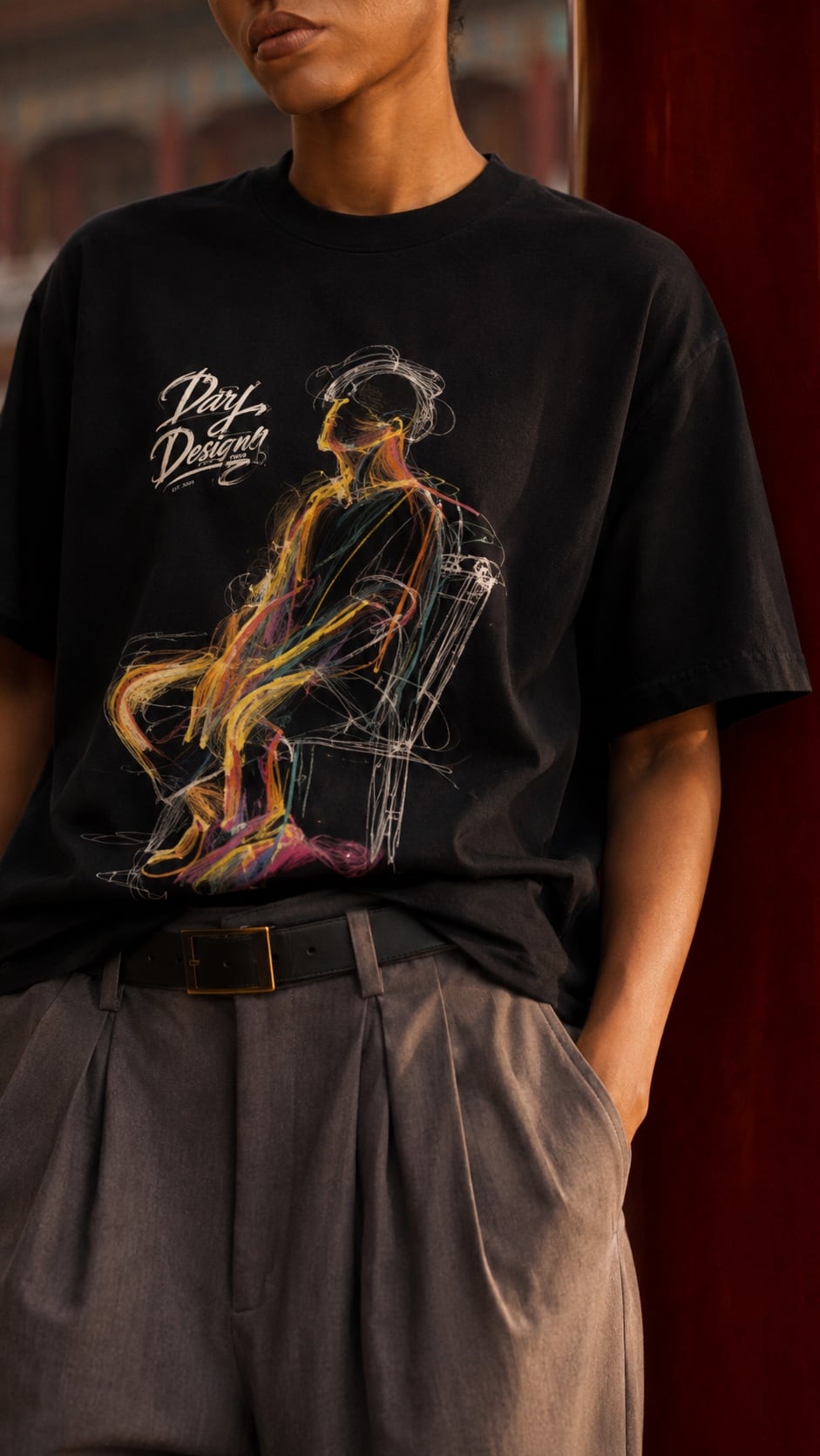 Close-up of the black graphic T-shirt print
