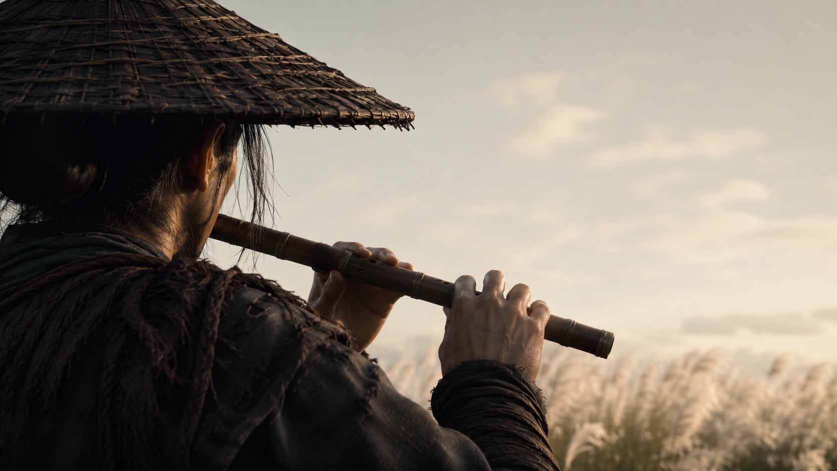 Flute player seen from behind at sunset