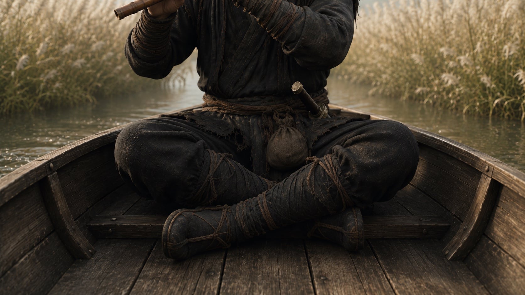 Flute player seated inside a wooden boat