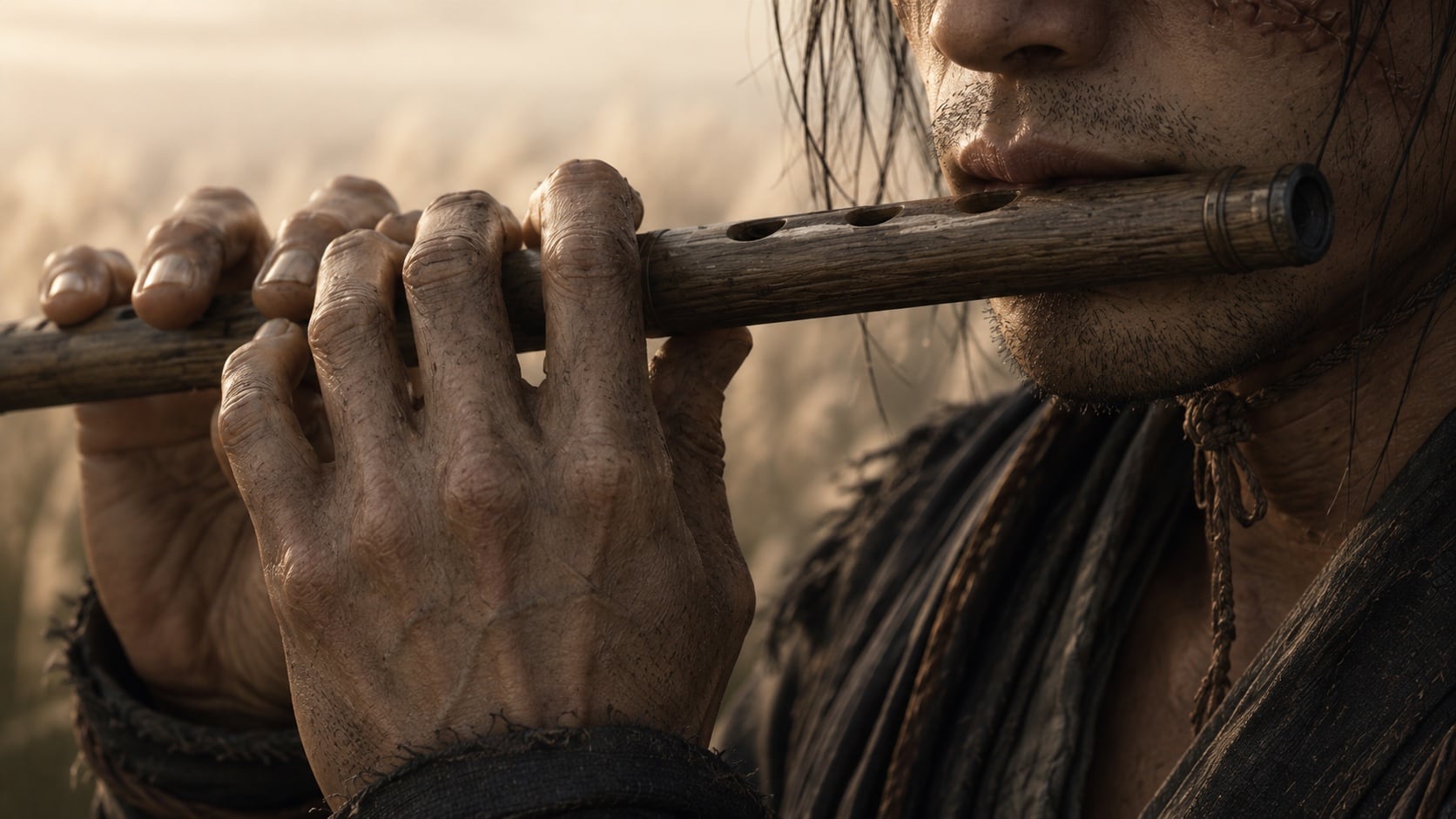 Flute player cinematic close-up
