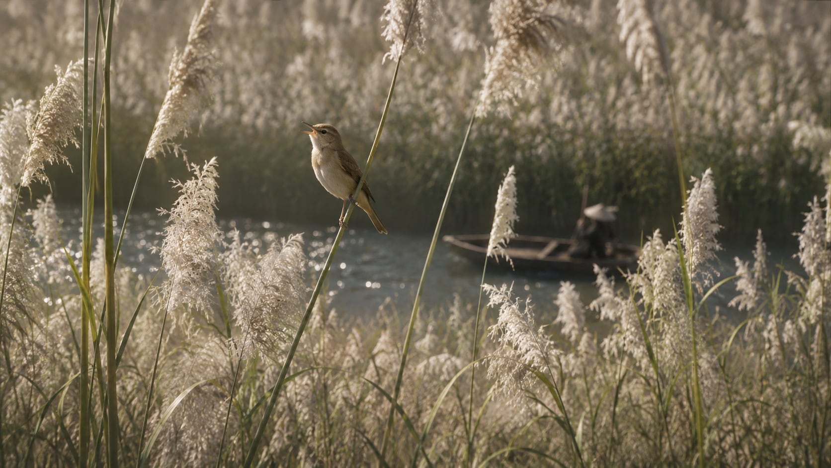Bird singing among sunlit reeds