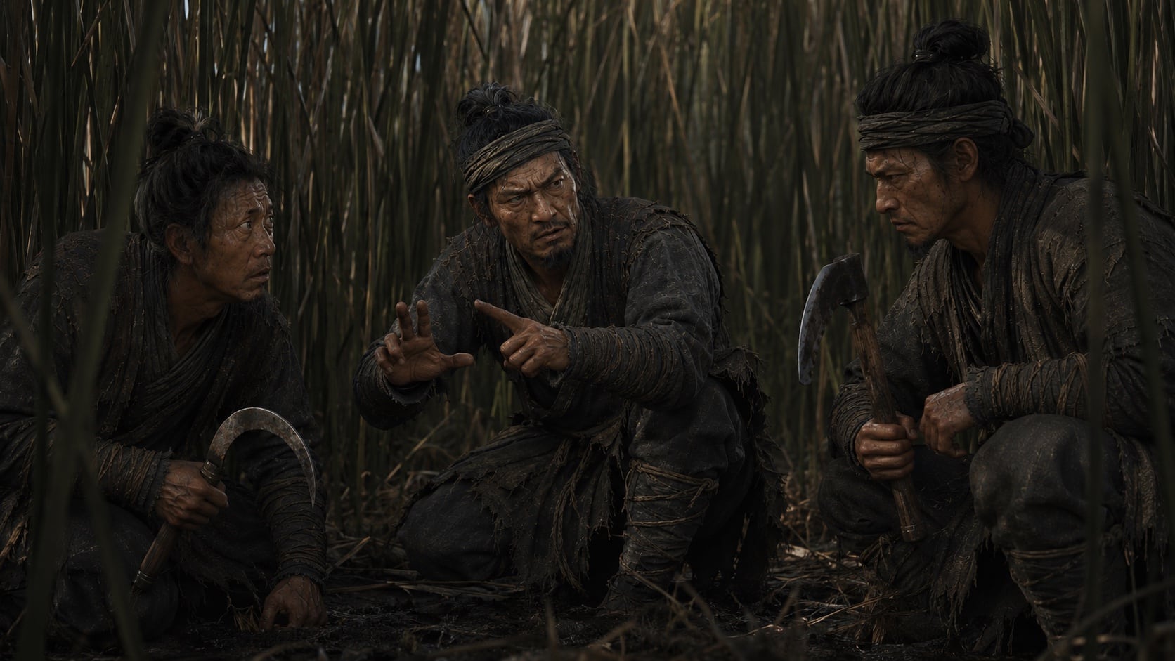 Three figures meeting among dark reeds