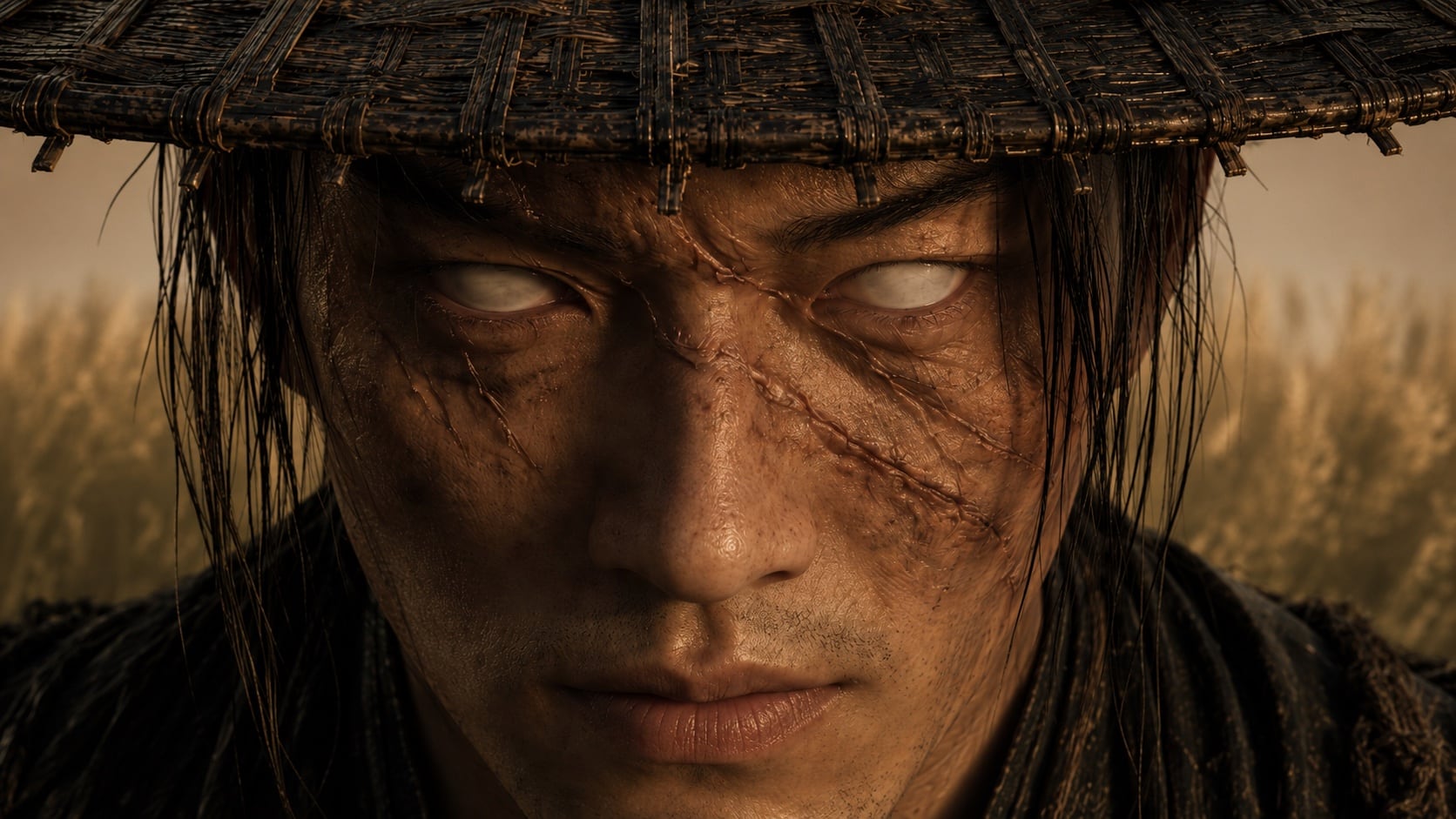 Intense close-up portrait beneath a woven hat