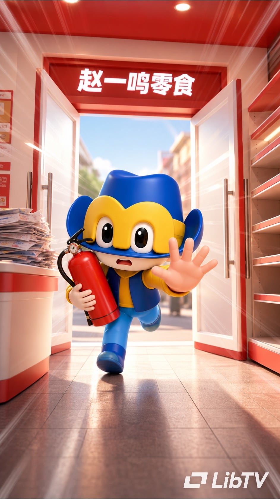 Blue Zhao Yiming mascot running from a snack store with a fire extinguisher