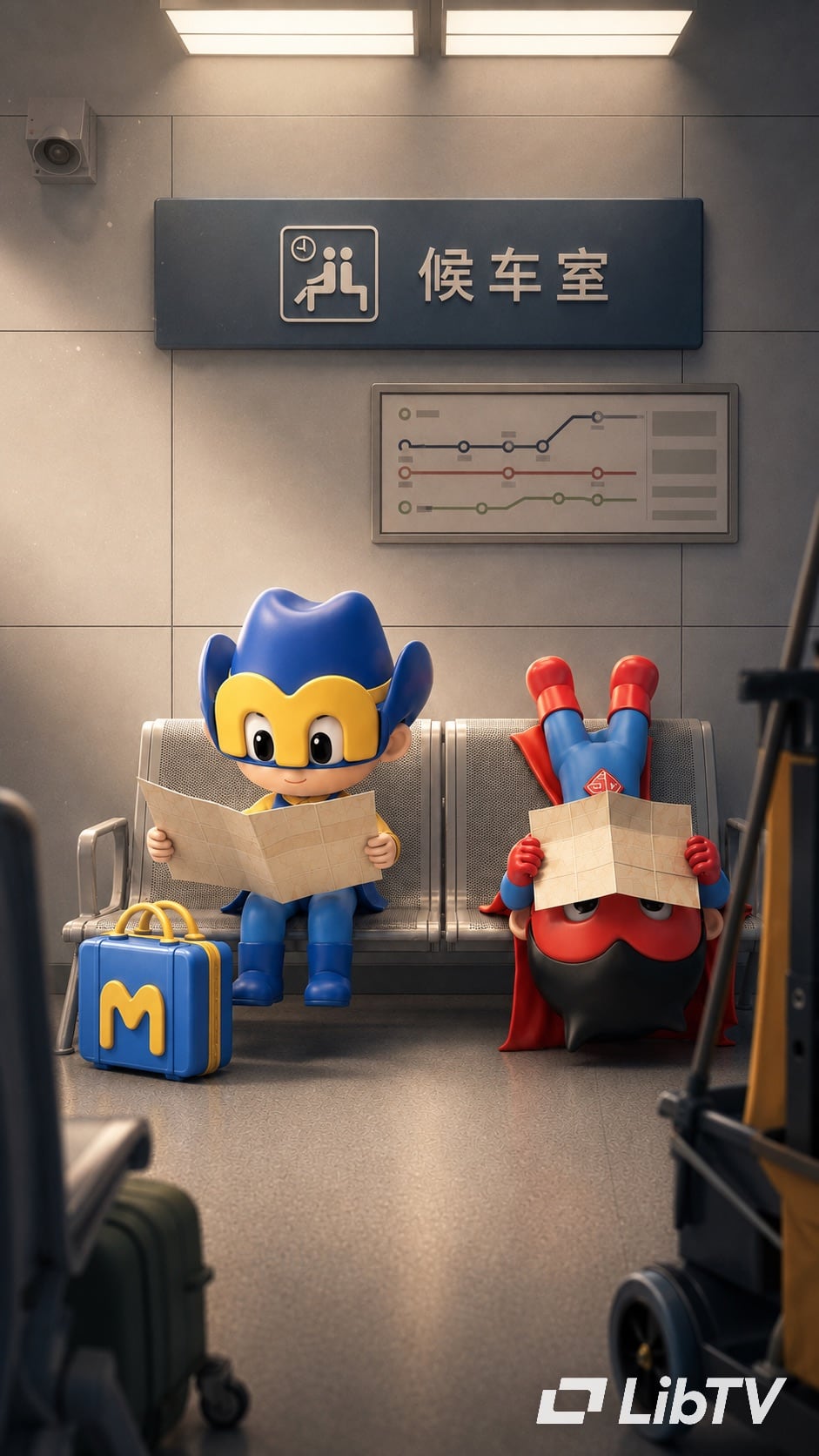 Zhao Yiming mascots reading maps in a waiting room
