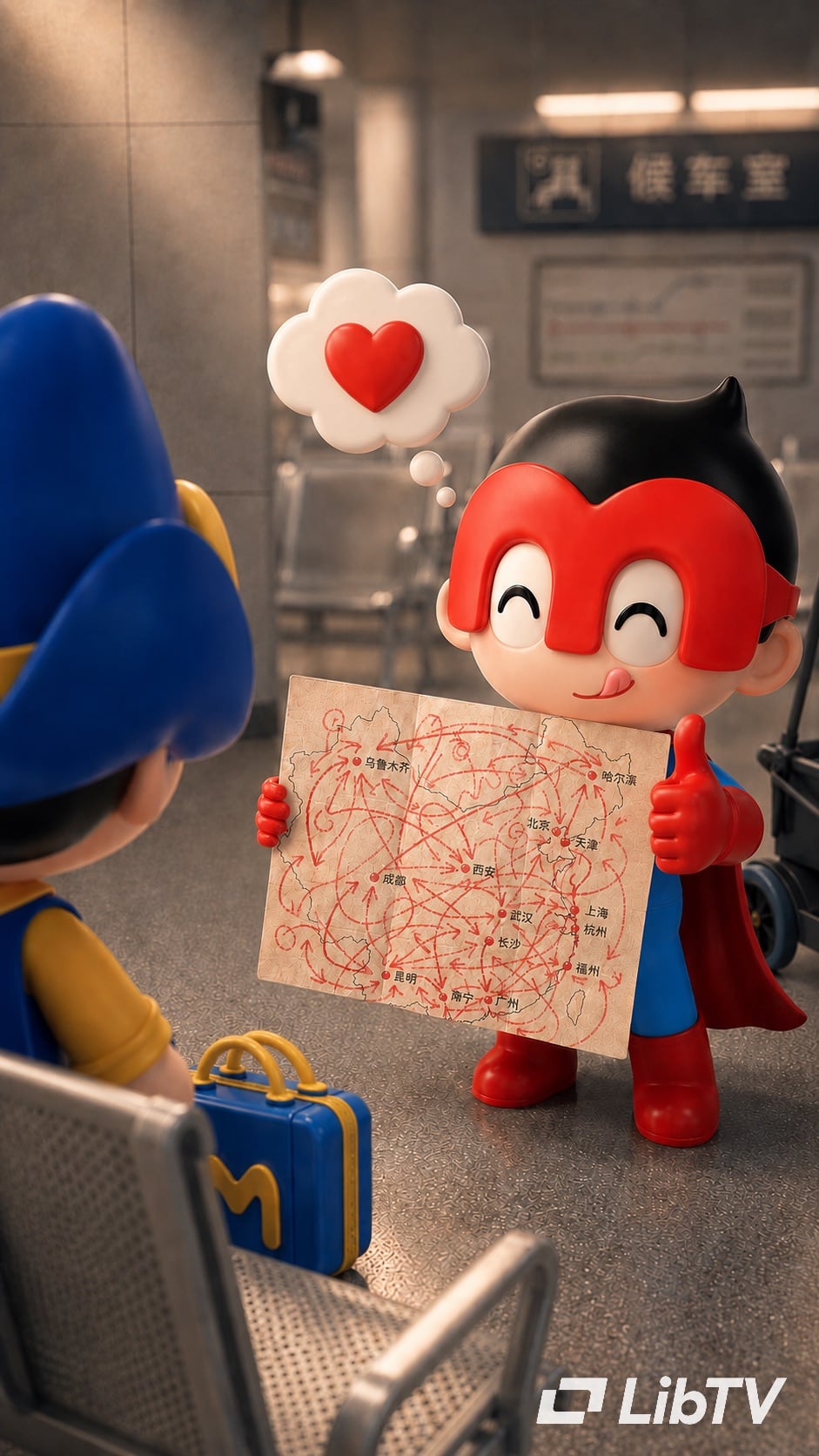 Red Zhao Yiming mascot showing a chaotic travel map
