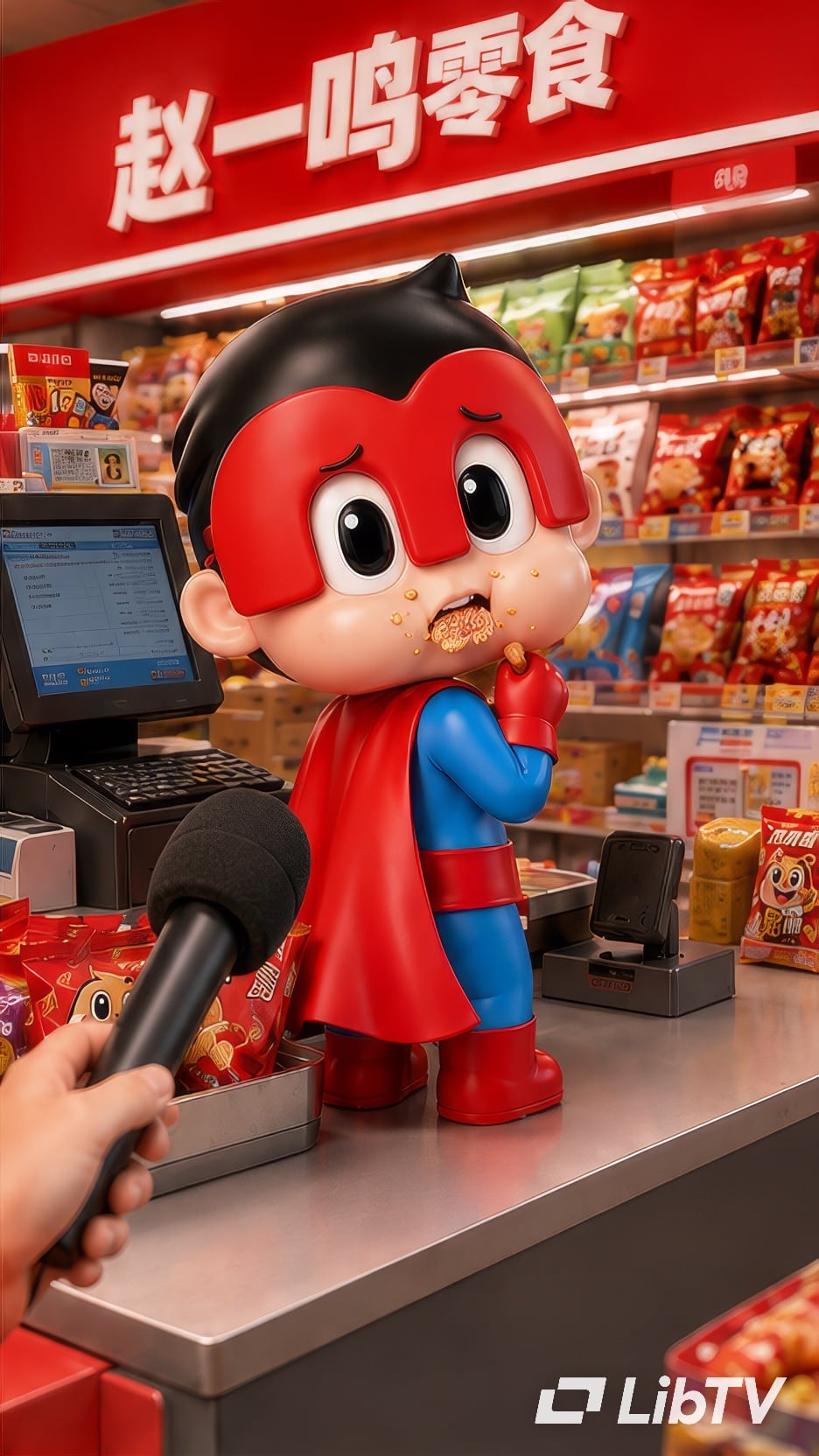 Red Zhao Yiming mascot being interviewed in a snack store