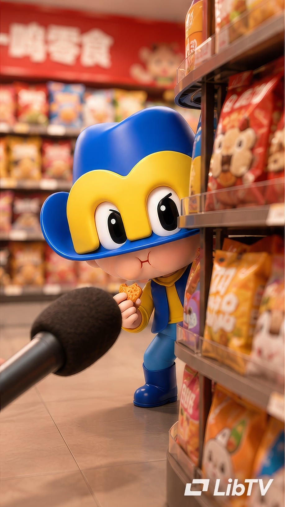 Blue Zhao Yiming mascot hiding behind a snack shelf during an interview